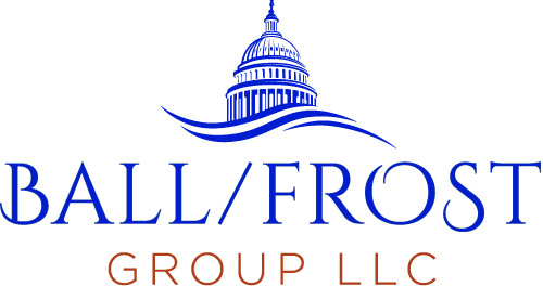 Ball Frost Group logo. A graphic image of the Sacramento Capitol dome with three blue waves along the bottom sits on top of the words Ball/Frost in blue which sits on top of the words, Group LLC, in red.